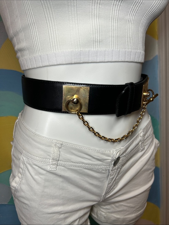Vintage 1990s Black Leather Waist Belt with Gold Chain Accent Genuine Leather main image 7